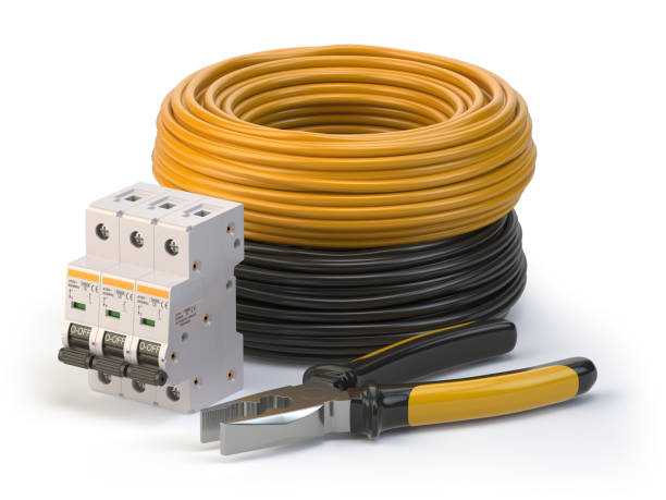 Electric cable, pliers and circuit breake risolated on white background. Electric components and instruments. 3d illustration