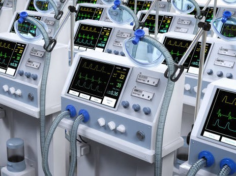 3d rendering group of ventilator machines in hospital